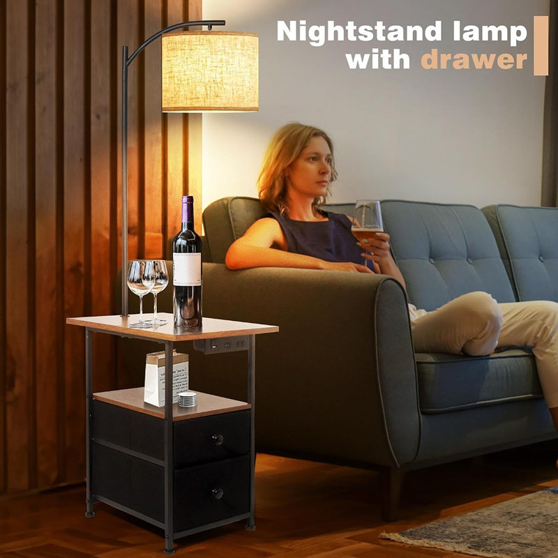 Lampe sur pied avec table et 2 tiroirs, table d'appoint avec lampe intégrée, table de chevet marron rustique