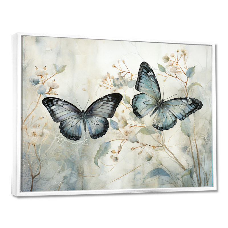 «Blue Beige Butterfly Wings Of Serenity», art sur toile papillon, Reproduction avec cadre flottant, H 30 po x l 40 po, White