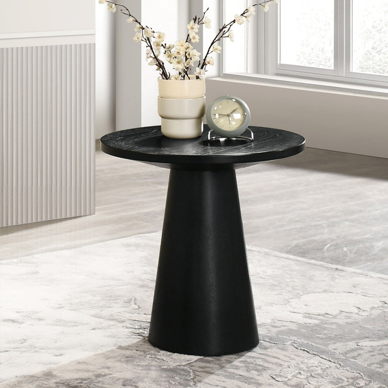 Table de bout ronde de style contemporain, base en piédestal conique, bois d'hévéa noir et bois d'ingénierie, 20 pouces de diamètre, 21 pouces de hauteur, un produit