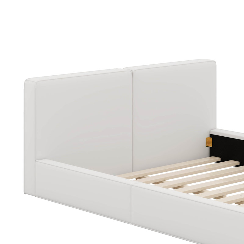 Grand lit plateforme tapissier avec tissu en velours, Beige