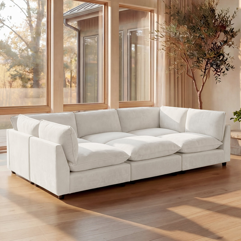 Heffernan 106.77” W Oversized 6-Seater Modular Sofa, White Chenille