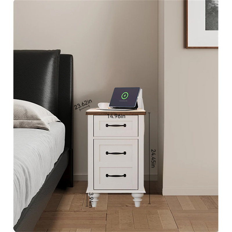 Modern Nightstand With Charging Station & Open Shelf, Off White