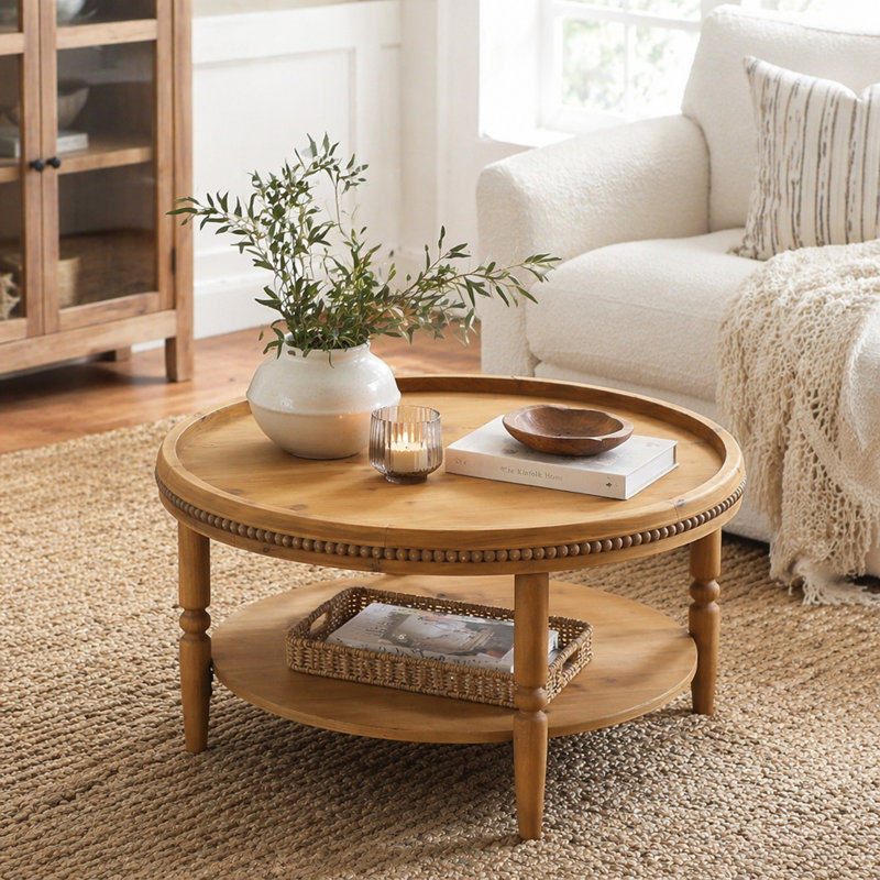 31.3" Round Boho Coffee Table With Storage Shelf