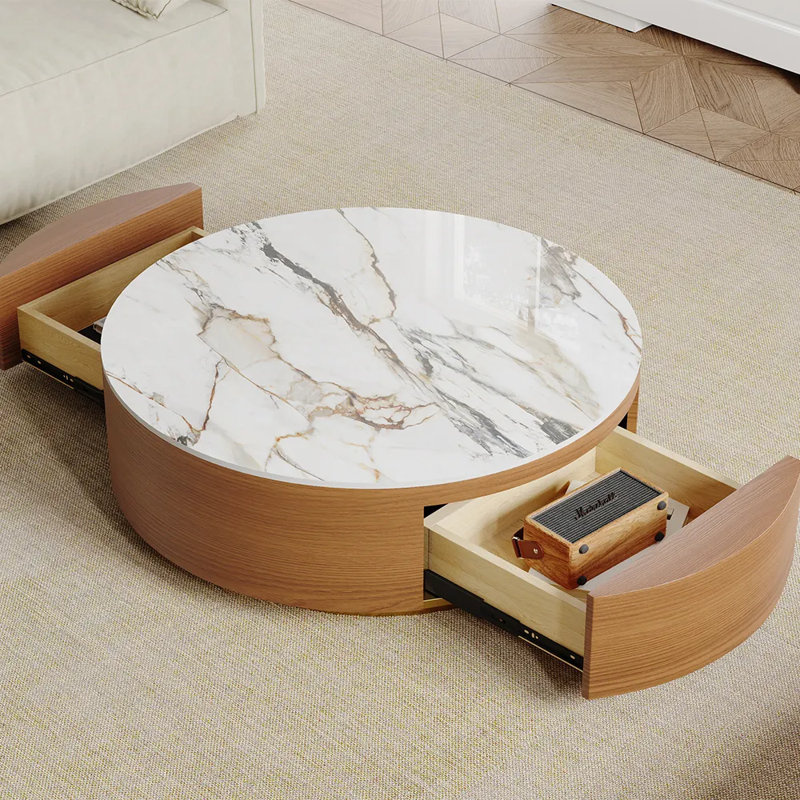 Table basse Daniel-Jack, plateau en pierre frittée, 2 tiroirs en bois massif, entièrement assemblé, Brun