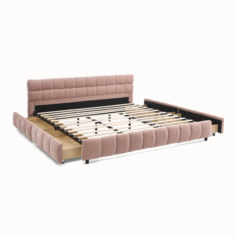 California King Size Upholstered Bed, Floor Platform Bed with 4 Drawers, Pink