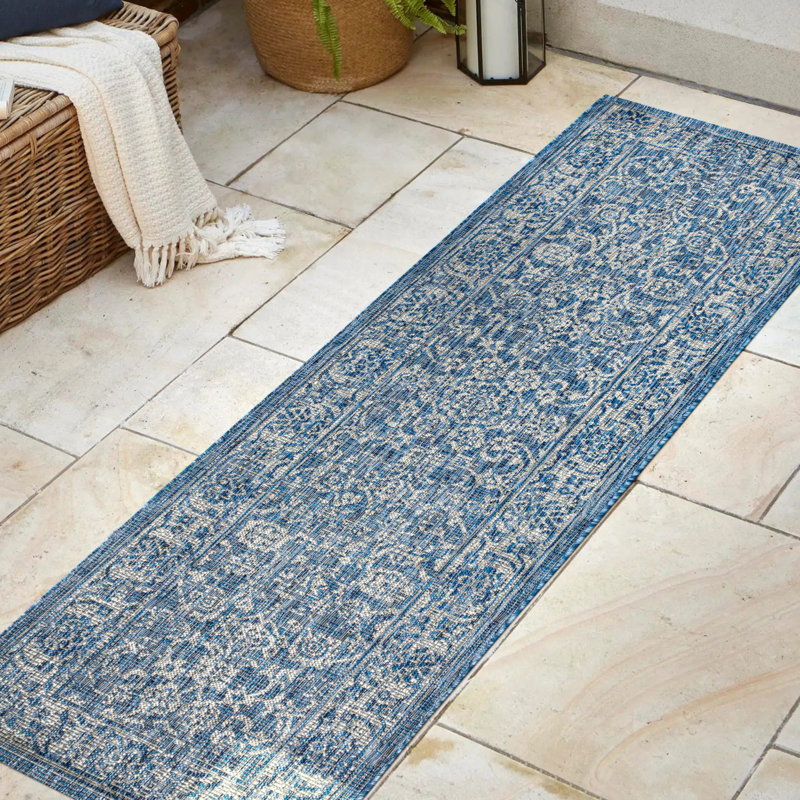Leonora Bohemian Textured Weave Floral Navy/Gray Indoor/Outdoor Rug, Runner 2'2" x 10'