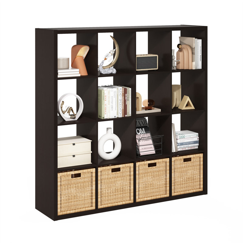 Ebern Designs Grigorijs Open Back Decorative Cube Storage Organizer, 16-Cube, Dark Oak