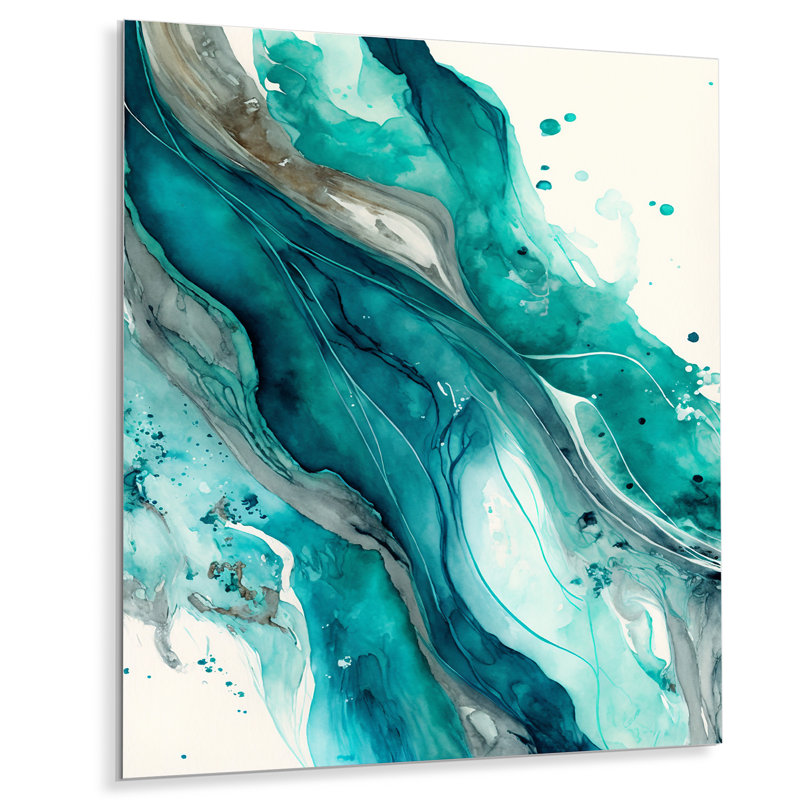Turquoise Waves In Paradise V - décoration murale abstraite à l'encre liquide en métal, H 20 po x l 12 po