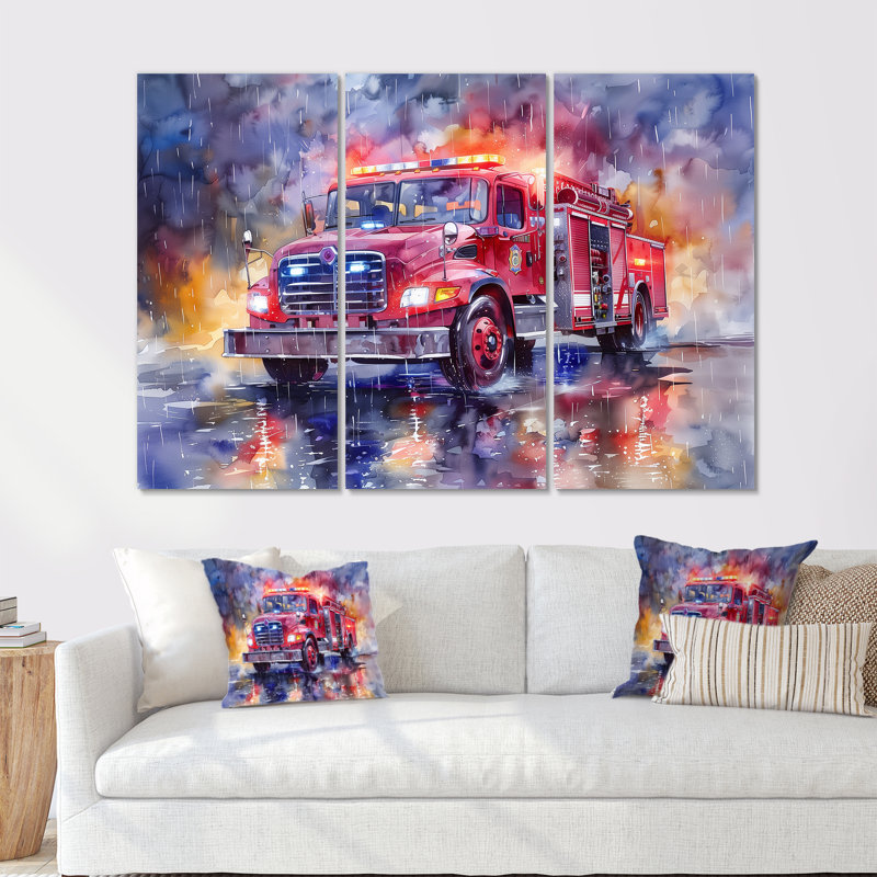 Camion de pompier rouge sous la pluie New York - ensemble de décoration murale pompier, Métal métal