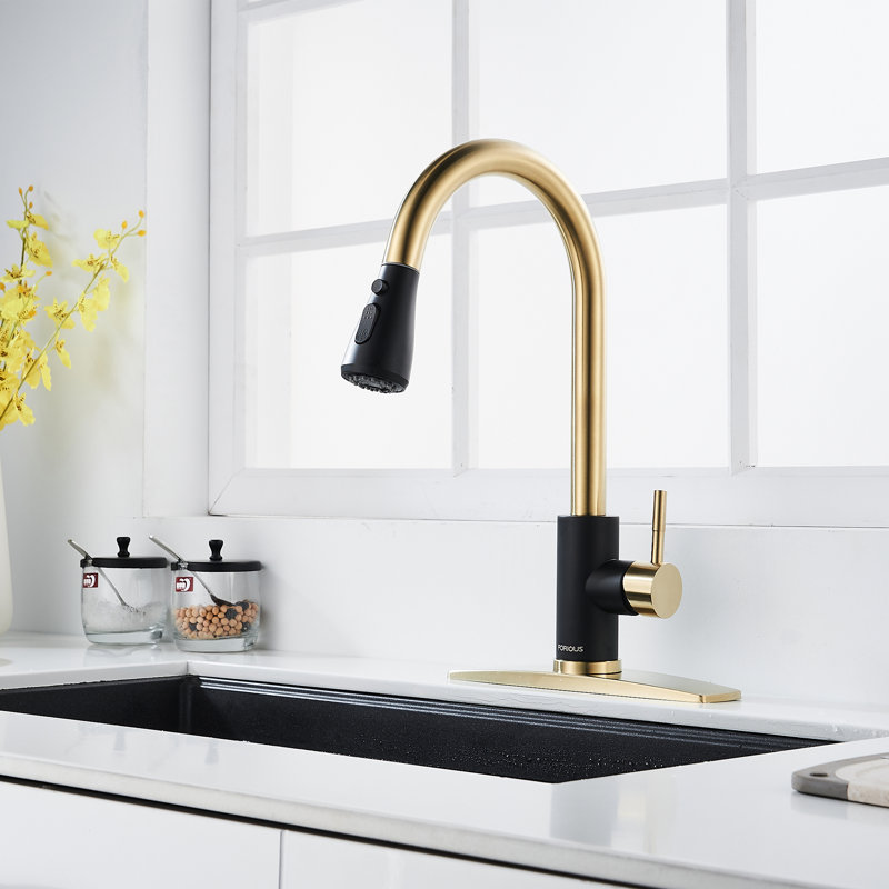 Pull Down Spray Single Lever Kitchen Tap, Black/Gold