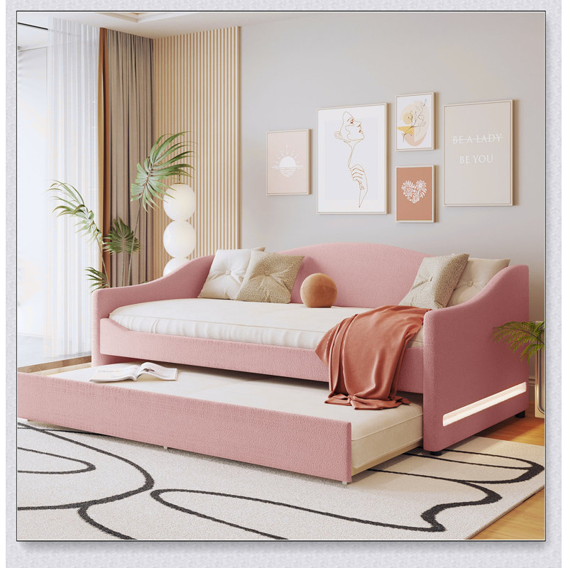 Upholstered Daybed With Light And Trundle, Twin, Pink