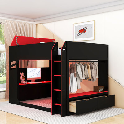 Lit mezzanine en bois avec bureau, tiroirs, tringle et lumières RVB