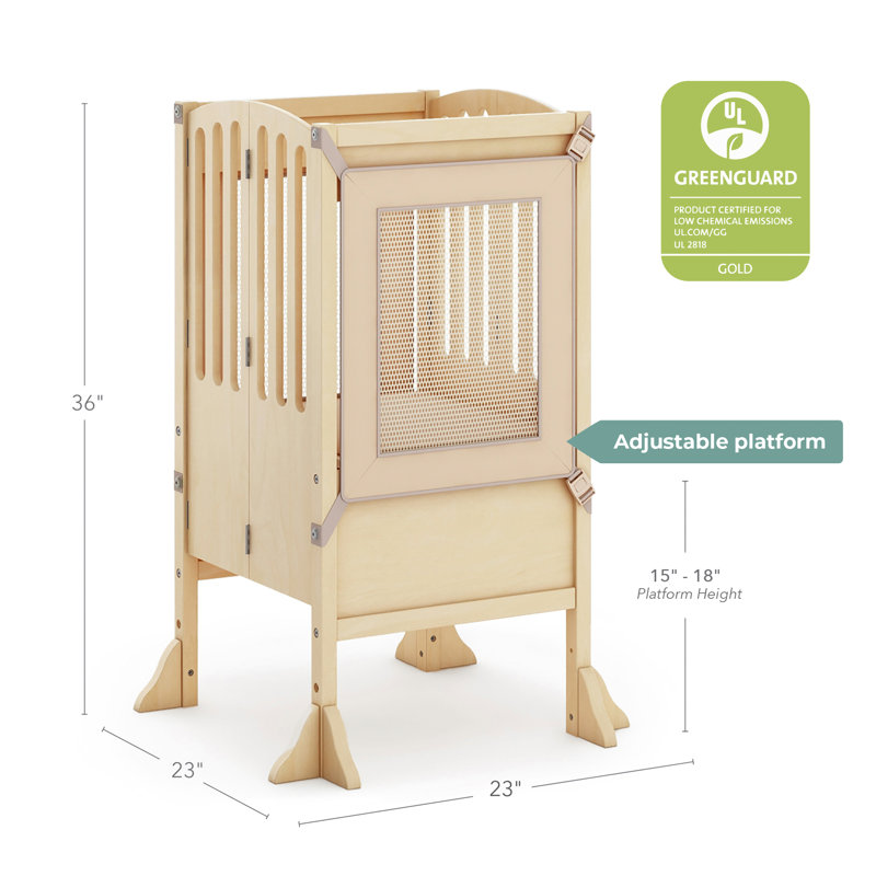 Guidecraft Contemporary Kitchen Helper Foldable Toddler Tower Stool with Anti-tip Feet and Safety Nets, Natural Wood