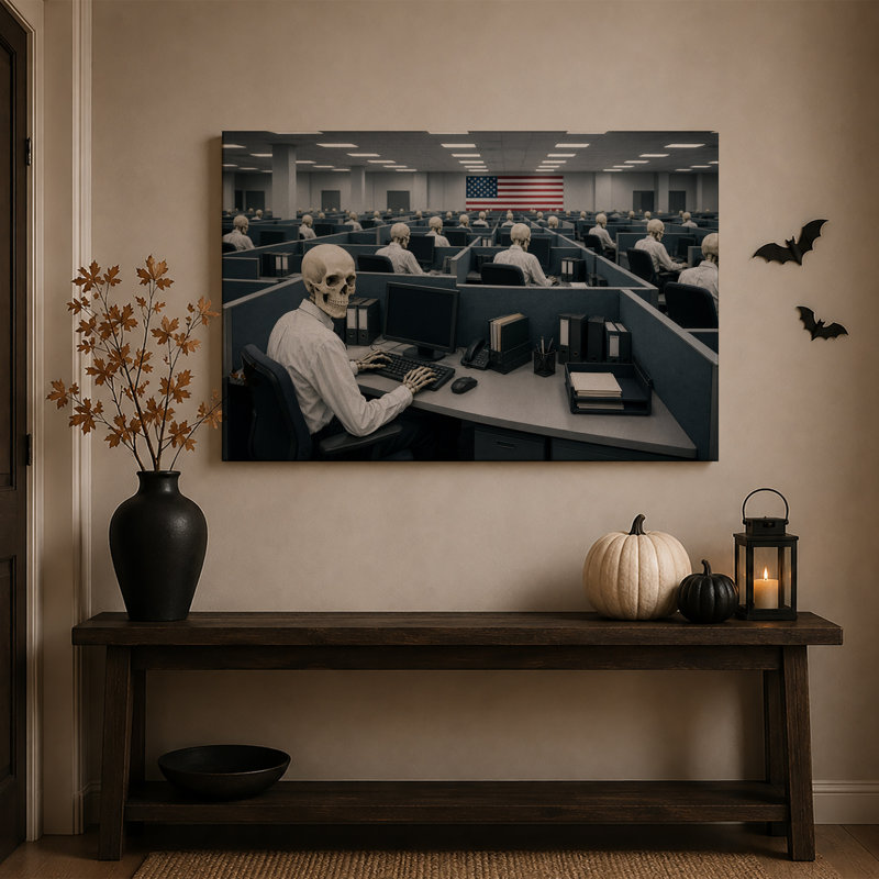 Des squelettes tapant à l'ordinateur dans un bureau gris avec une toile murale d'Halloween américaine, H 28 po x l 40 po