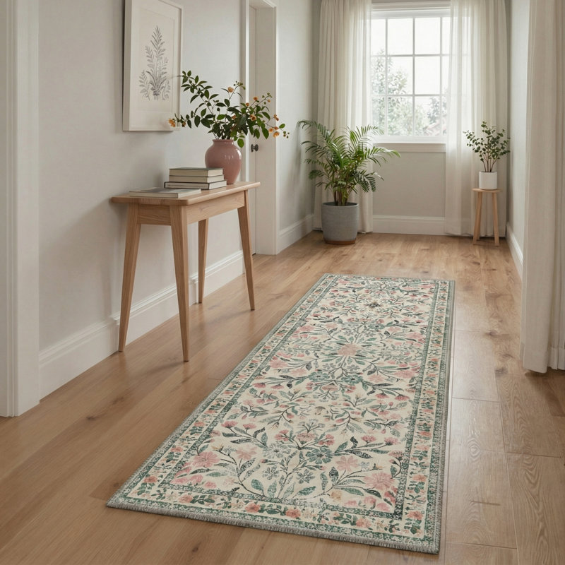 Verdant Floral Vines Machine Washable Green / Pink / Beige Indoor Area Rug with Non-Slip Backing, Runner 2'3" x 6'