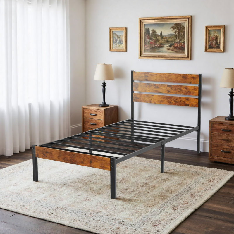 Full Size Bed Frame- Heavy Duty Mattress Foundation With Headboard, Steel Slats Support (No Box Spring Needed), Twin