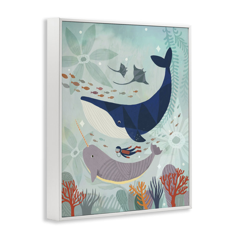 Plongée sous-marine parmi les baleines, estampe numérique encadrée par Irene Chan, H 14 po x l 11 po