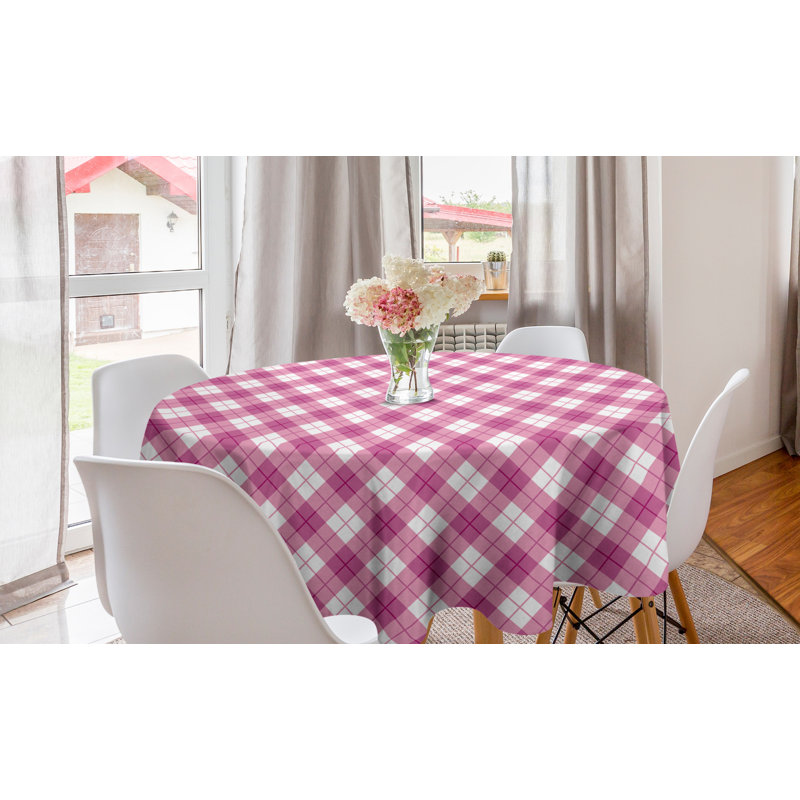 Ambesonne Abstract Round Tablecloth, Geometric Diagonal In Pastel Color Girls Style Checked Design, Circle Table Cloth Cover For Dining Room Kitchen Decoration, 60", Fuchsia Pale Pink White