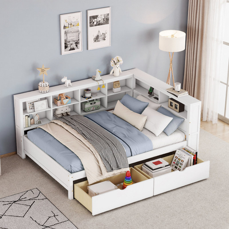 Lit de jour en bois blanc pleine grandeur avec 2 tiroirs de rangement, ports de chargement USB et tablette double couche - Conception compacte et pratique pour les maisons modernes