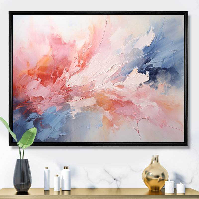 Rose et bleu apaisant tourbillons III - peinture abstraite, art mural, H 12 po x l 20 po x P 1 po, Cadre flottant noir