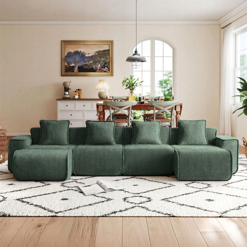 Boneless 6-Seat Modular L Shape Velvet Sectional Boneless Sofa, No Assembly Required with French Edge Piping, Velvet - Green