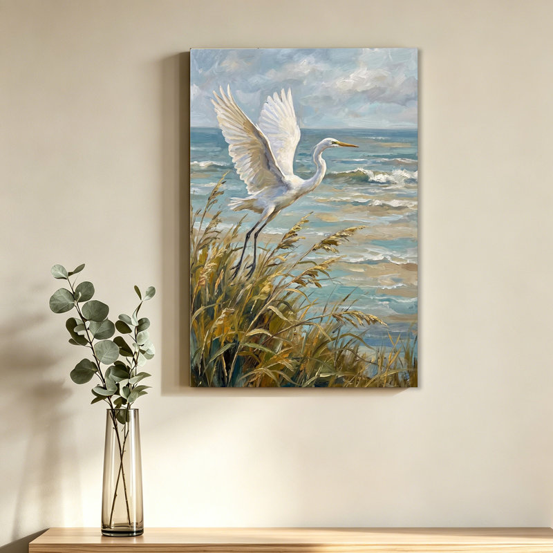 Tableau sur toile représentant une aigrette blanche survolant des champs d'avoine de mer côtière, 16x24inch