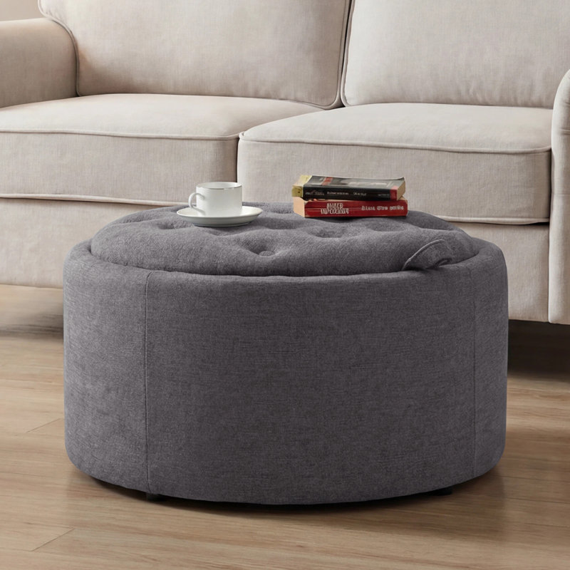 Repose-pieds capitonné rond 27,5 po avec rangement, Chenille - gris foncé