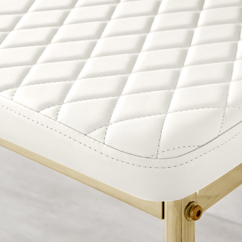 Morgan Hatched Faux Leather Sleek Metal Leg Luxury Dining Chairs, Lorenzo Milan White Faux Leather, Gold