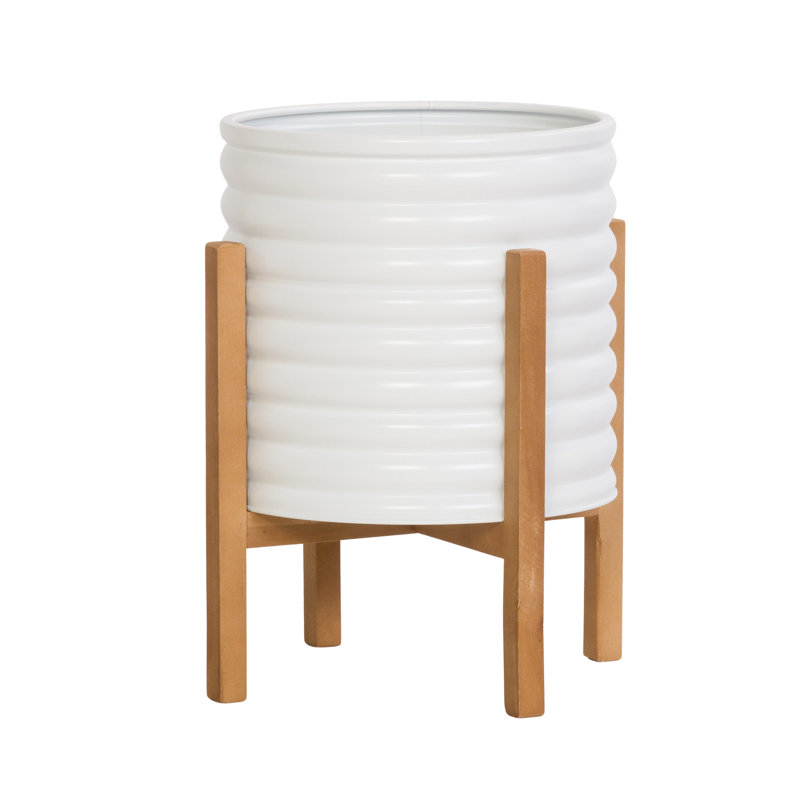 Rhodie Metal Planter with 4-Leg Wood Base, 14.75" H x 12" W x 12" D