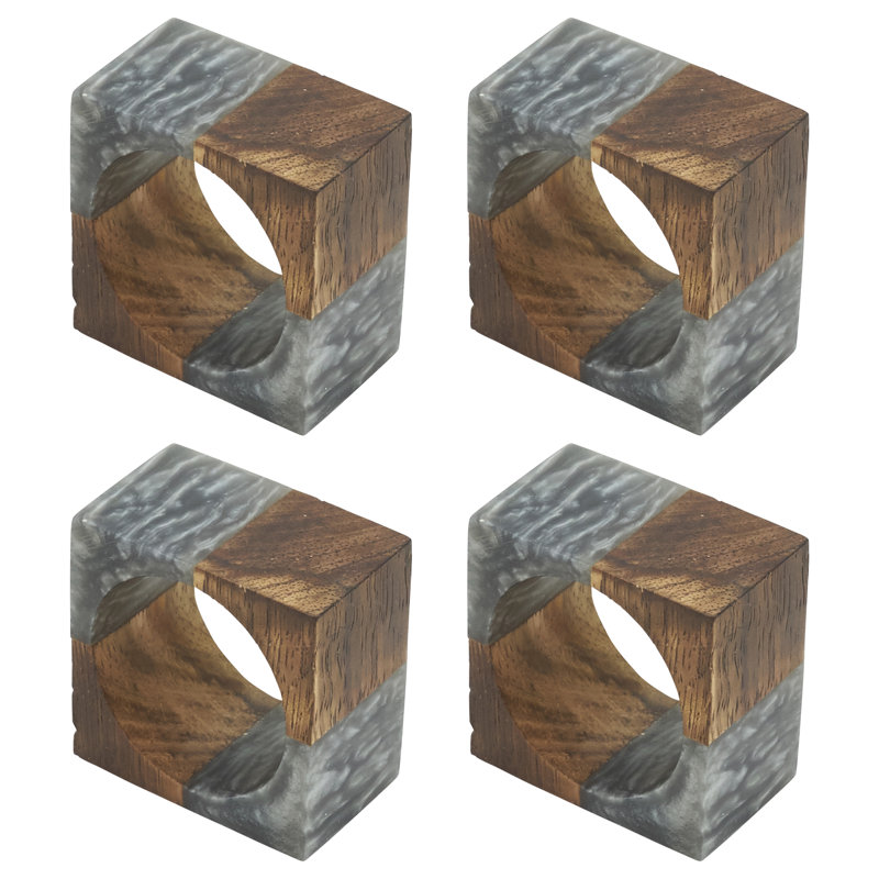 Gray Mango Wood and Resin Square Napkin Rings, Set of 4