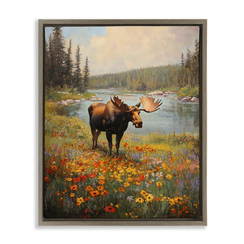 Cadre flottant orignal broutant dans les fleurs, design par Franklyn Gregory, H 31 po x l 25 po