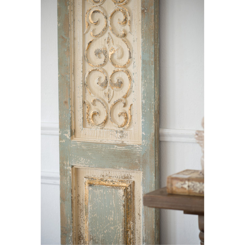 Grand ornement de sculpture en bois 14 po x 78,5 po - panneau mural suspendu blanc délavé et finition bleue 14,1 x 78,7 po