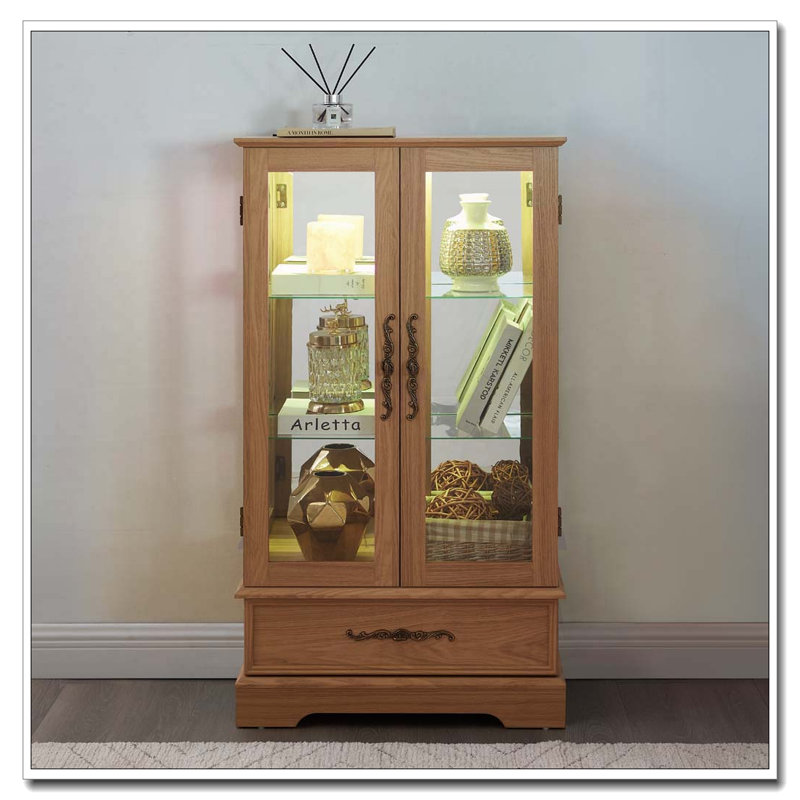 Vitrine lumineuse en verre avec tiroir et tablettes réglables, Chêne clair