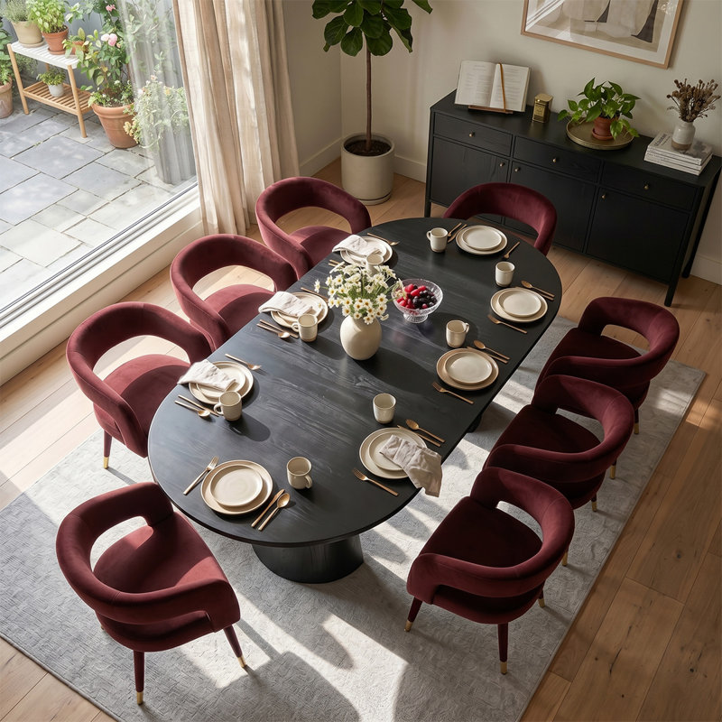 Modern 47"-83" Extendable Dining Table Set With Upholstered Velvet Dining Arm Chairs, 9 Pieces: Table, 8 Chairs, Burgundy