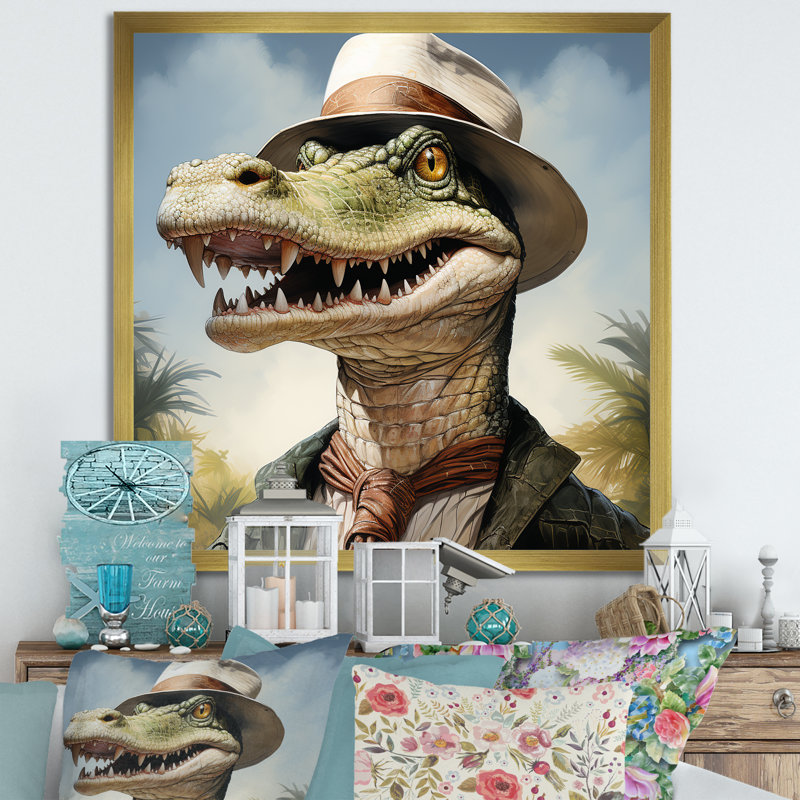 «Alligatorin suit II» - Art mural animal crocodile, Cadre doré simple, H 16 po x l 16 po x P 1 po