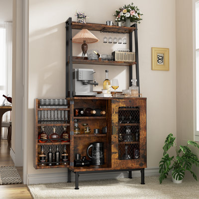 Armoire de bar de 58 po de hauteur avec prises de courant, armoire à vin avec porte-verre, station de café et support à micro-ondes, armoire de rangement Bakers Rack pour le salon, brun