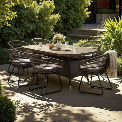 Ensemble repas d'extérieur moderne 7 pièces avec coussins - table de patio en rotin boho et chaises pour 6