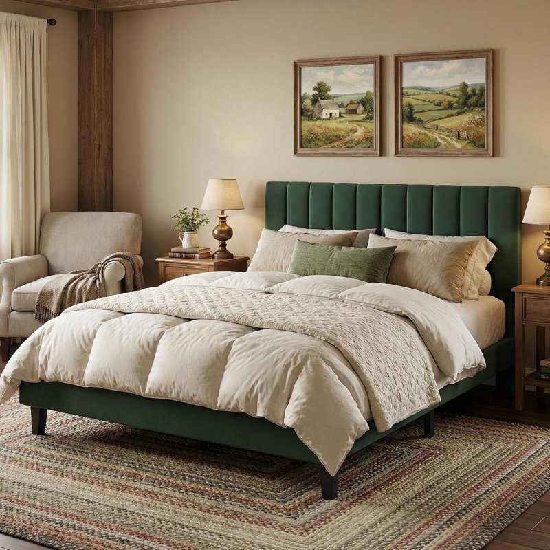 Upholstered Platform Bed Frame, Adjustable Height Vertical Channel Tufted Headboard with Sturdy Wooden Slats Support, Noise-Free