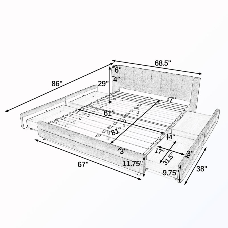 Storage Upholstered Platform Bed, Beige, Queen