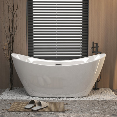 Baignoire autoportante 59 po en acrylique, avec trop-plein chromé et bonde escamotable certifiée, blanc brillant