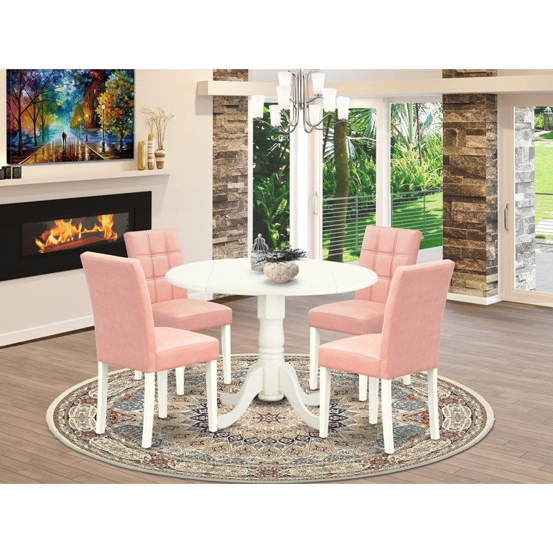 L'ensemble de table de salle à manger 5 pièces Mid Century contient une table de cuisine et 4 chaises modernes en tissu de polyester rouge beige avec dossier élégant - finition lin blanc