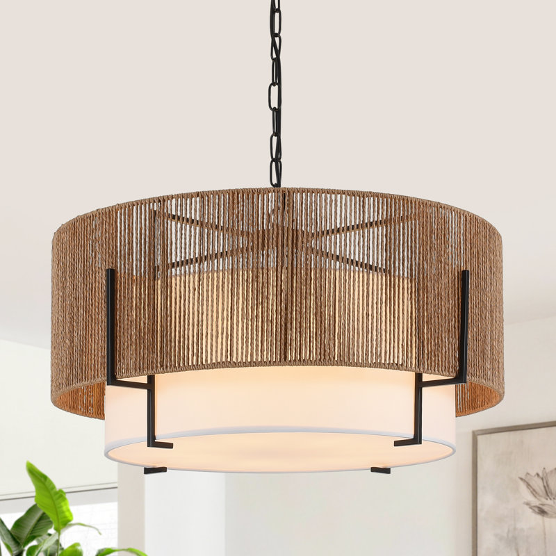 4-Light 20" Boho Rattan Drum Chandelier, Farmhouse Hand Woven Rattan Hanging Ceiling Light Fixture, 20" wide, 4