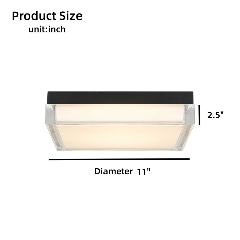11-Inch Integrated Square LED Recessed Ceiling Light, Three Color Temperatures, 2.5" H x 11" W x 11" D, 24 W