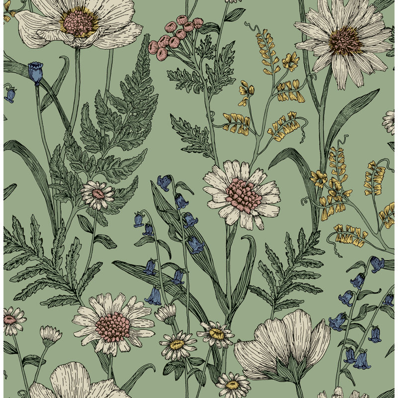 Wild Meadow Botanical Wallpaper, Green