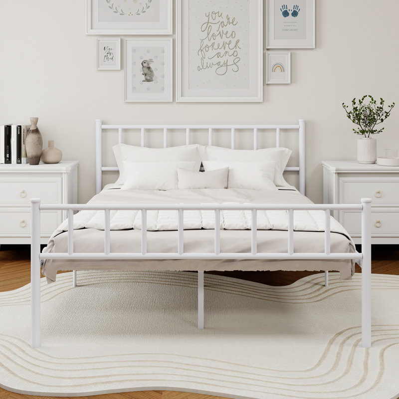 Metal Platform Bed, White, Queen