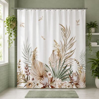 Rideau de douche bohème botanique, imprimé floral et feuilles de palmier beige neutre, en polyester, 183 x 183 cm à 183 x 213 cm, rideau décoratif pour baignoire et douche.