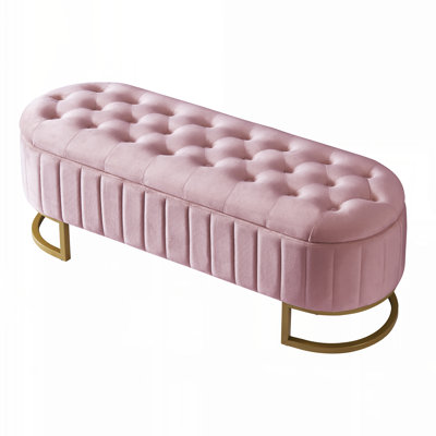 Elegant Upholstered Velvet Storage Ottoman with Button-Tufted,Storage Bench with Metal Legs for Bedroom,Living Room,Fully Assembled Except Legs,Pink
