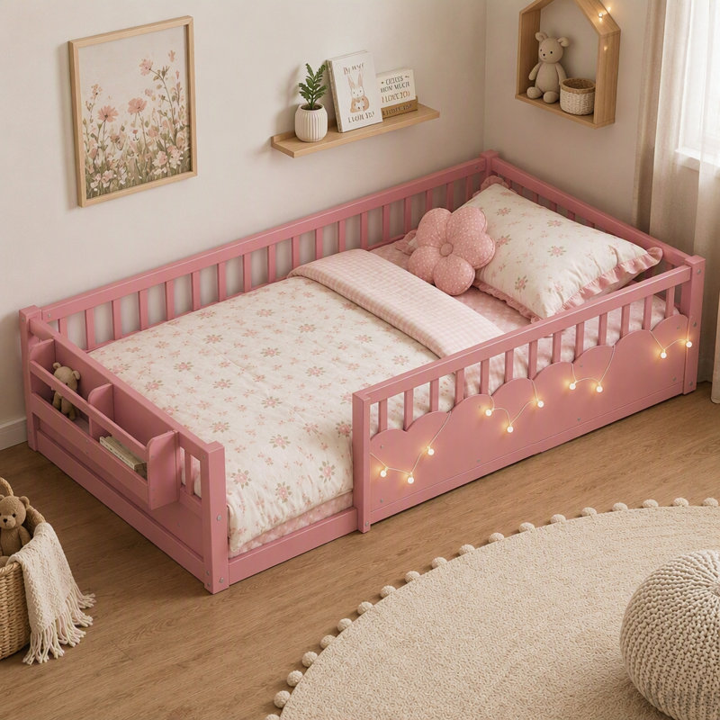 Lit de sol Montessori avec barrières de sécurité et motif nuage, Lit simple, Rose