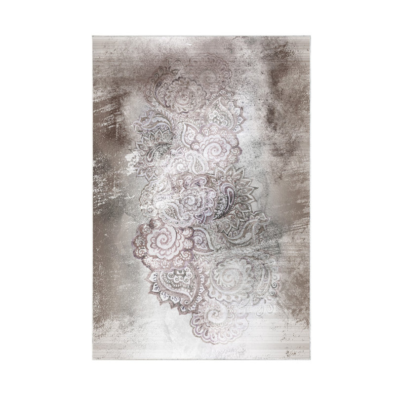 Tapis gris / blanc en polyamide tissé à la machine Paisley, Rectangle 5 pi 3 po x 7 pi 7 po