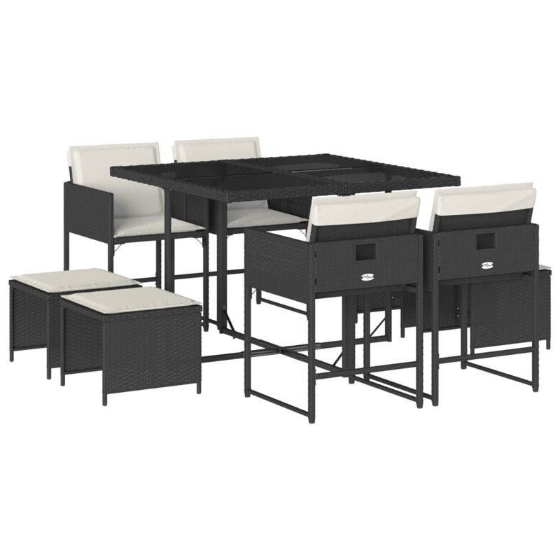 Ensemble repas 9 pièces avec coussins en rotin gris Hokku Designs, Blanc, Noir